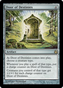 Door of Destinies
 As Door of Destinies enters the battlefield, choose a creature type.
Whenever you cast a spell of the chosen type, put a charge counter on Door of Destinies.
Creatures you control of the chosen type get +1/+1 for each charge counter on Door of Destinies.